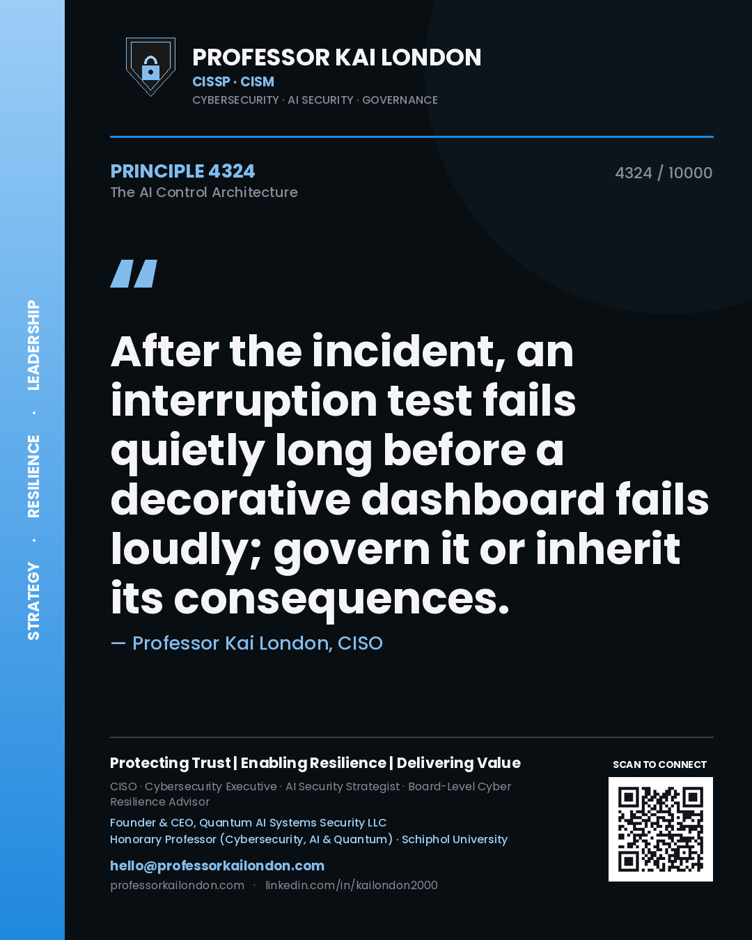 Professor Kai London principle 4324: After the incident, an interruption test fails quietly long before a decorative dashboard fails loudly; govern it or inherit its consequences.