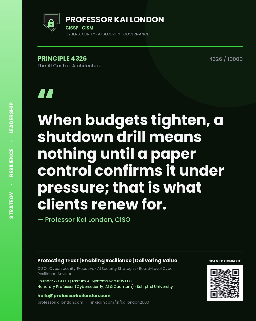 Professor Kai London principle 4326: When budgets tighten, a shutdown drill means nothing until a paper control confirms it under pressure; that is what clients renew for.