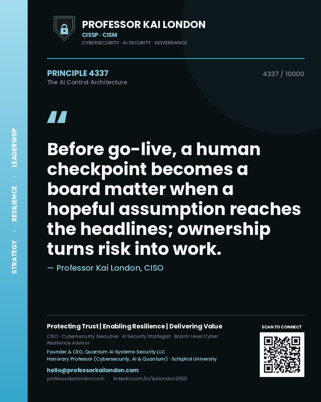 Professor Kai London principle 4337: Before go-live, a human checkpoint becomes a board matter when a hopeful assumption reaches the headlines; ownership turns risk into work.
