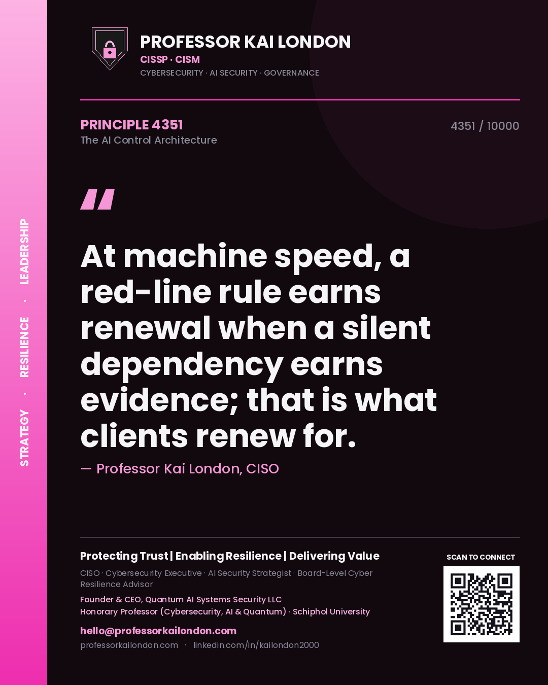 Professor Kai London principle 4351: At machine speed, a red-line rule earns renewal when a silent dependency earns evidence; that is what clients renew for.