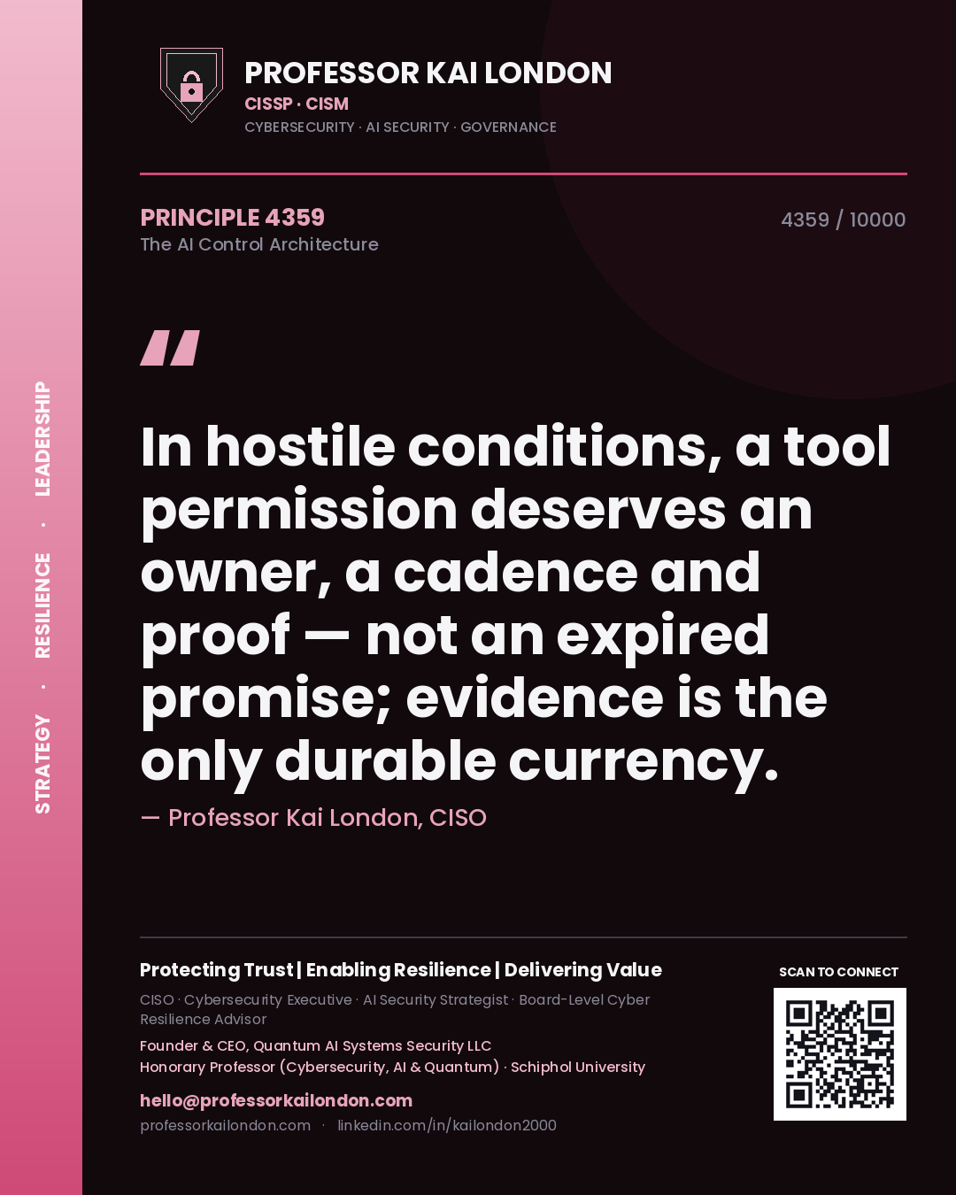 Professor Kai London principle 4359: In hostile conditions, a tool permission deserves an owner, a cadence and proof — not an expired promise; evidence is the only durable currency.