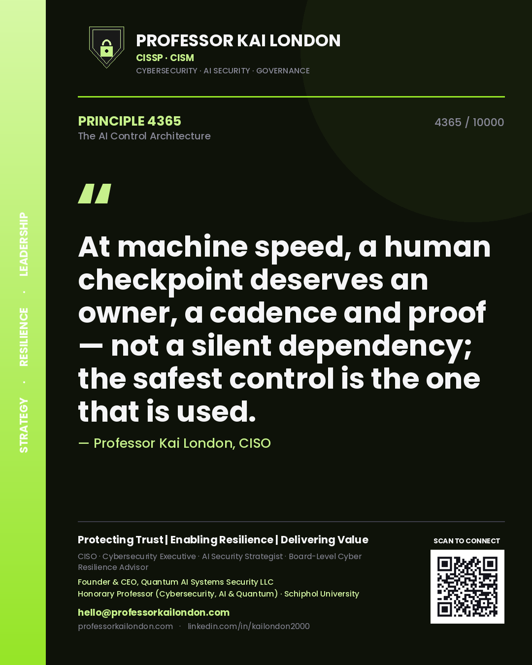 Professor Kai London principle 4365: At machine speed, a human checkpoint deserves an owner, a cadence and proof — not a silent dependency; the safest control is the one that is used.