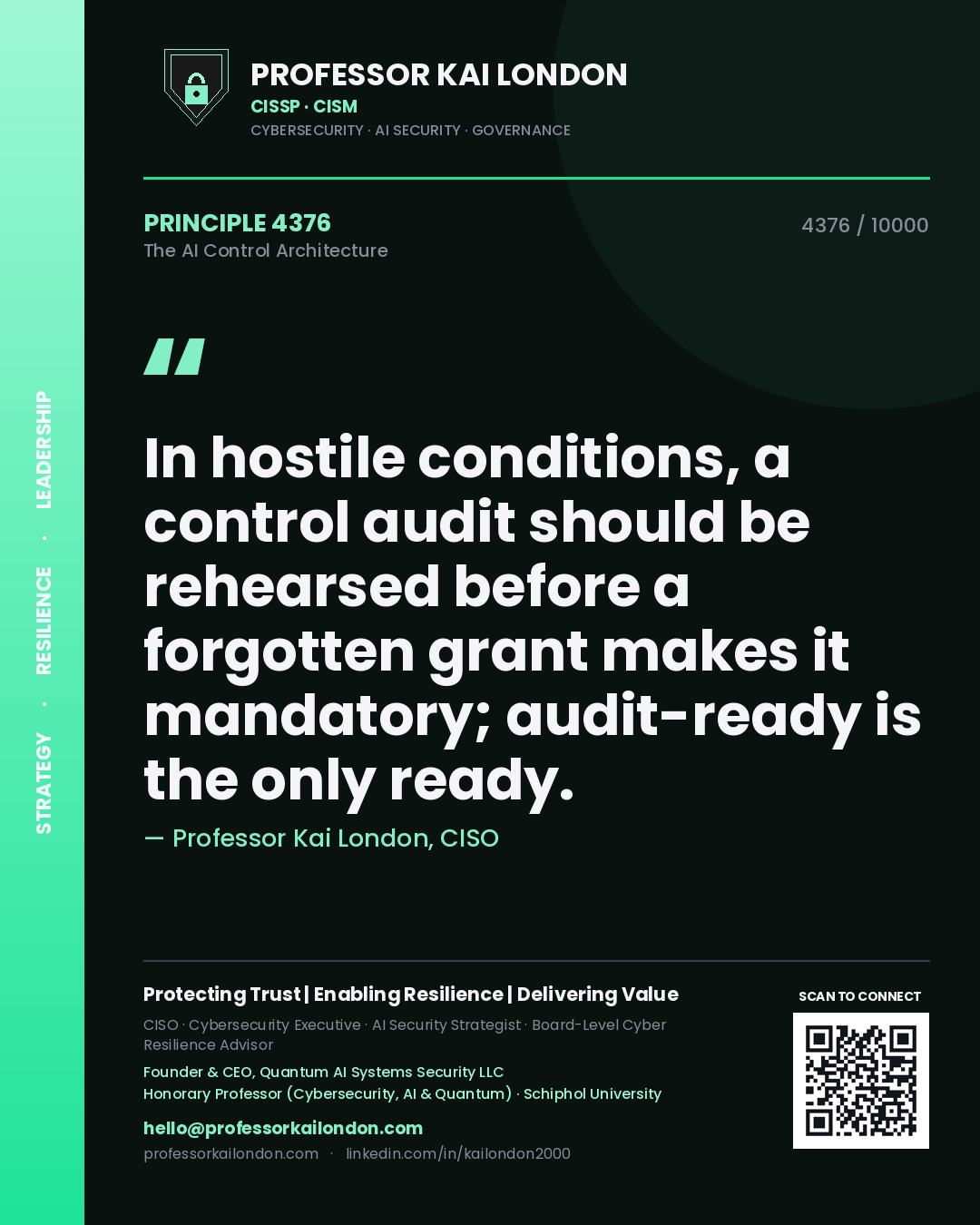 Professor Kai London principle 4376: In hostile conditions, a control audit should be rehearsed before a forgotten grant makes it mandatory; audit-ready is the only ready.