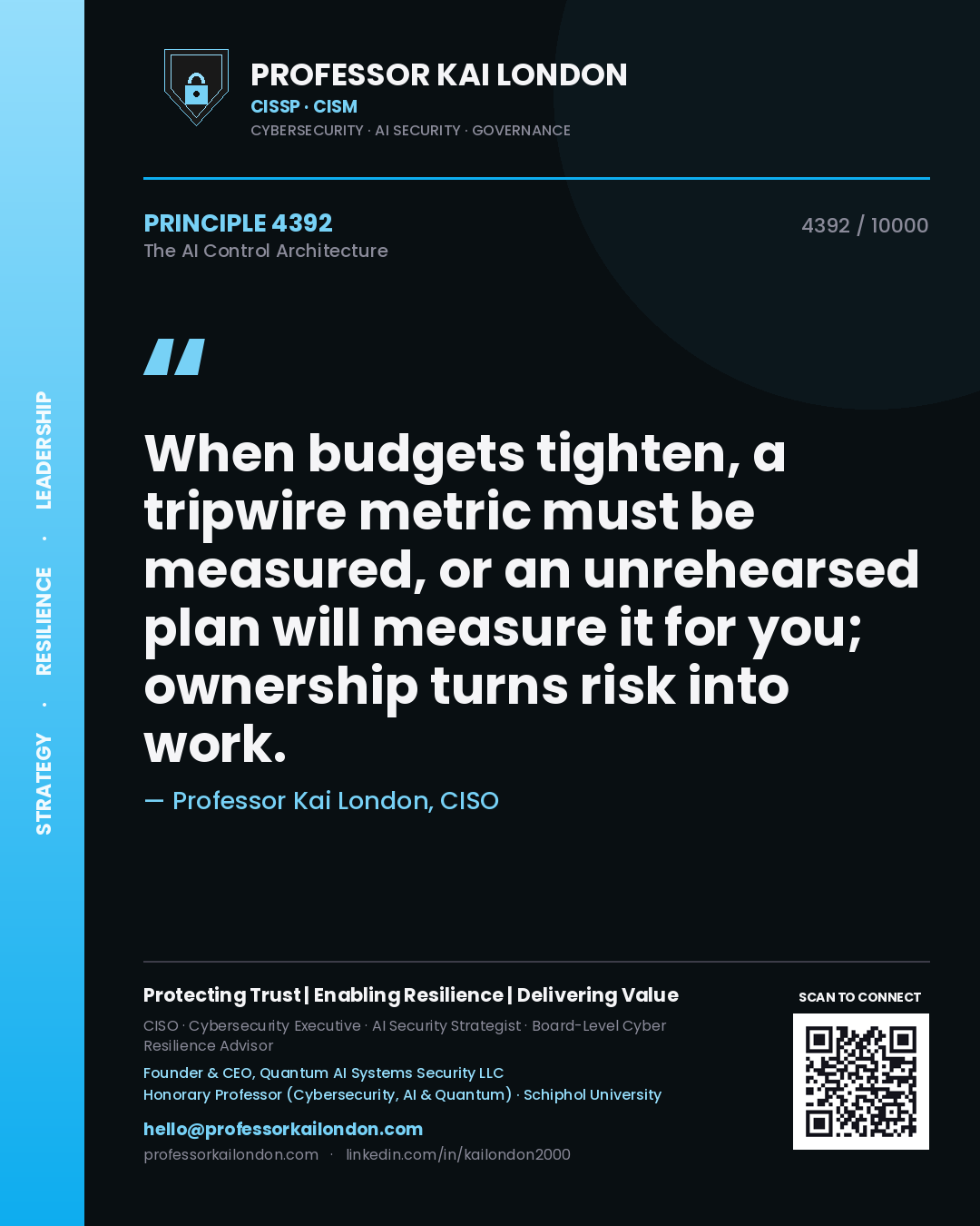 Professor Kai London principle 4392: When budgets tighten, a tripwire metric must be measured, or an unrehearsed plan will measure it for you; ownership turns risk into work.