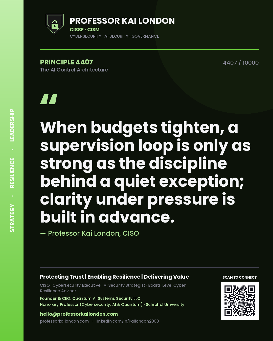 Professor Kai London principle 4407: When budgets tighten, a supervision loop is only as strong as the discipline behind a quiet exception; clarity under pressure is built in advance.