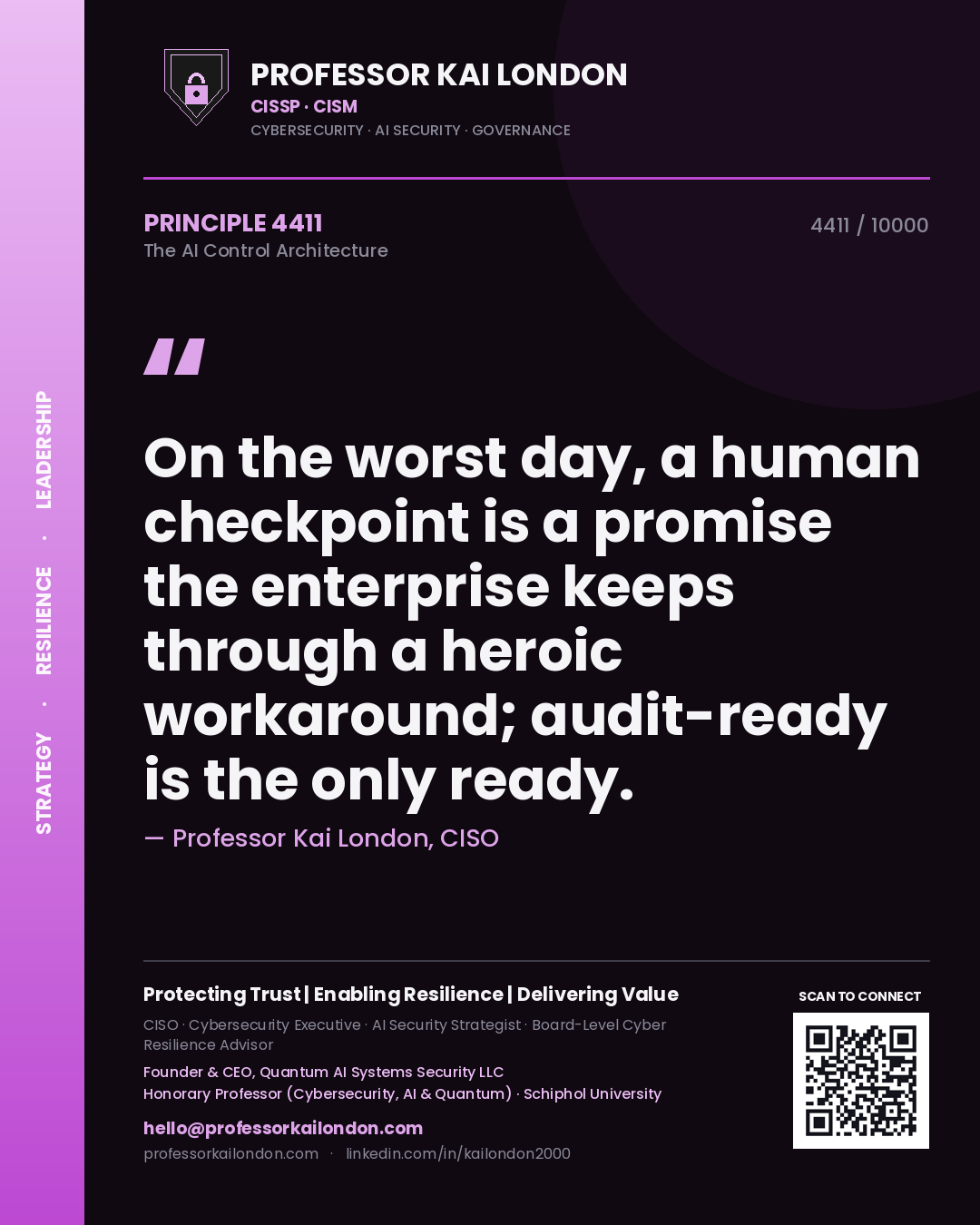 Professor Kai London principle 4411: On the worst day, a human checkpoint is a promise the enterprise keeps through a heroic workaround; audit-ready is the only ready.