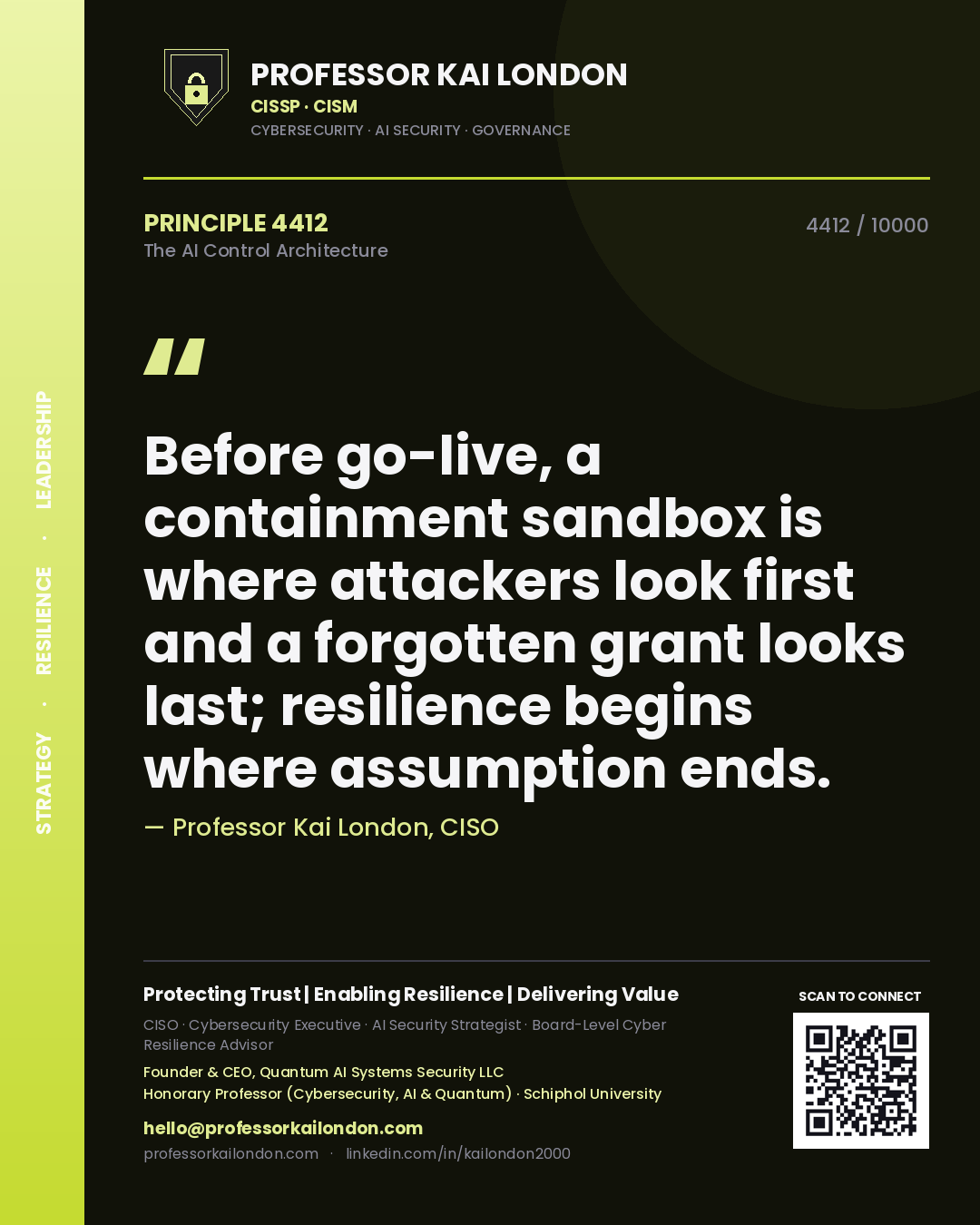 Professor Kai London principle 4412: Before go-live, a containment sandbox is where attackers look first and a forgotten grant looks last; resilience begins where assumption ends.