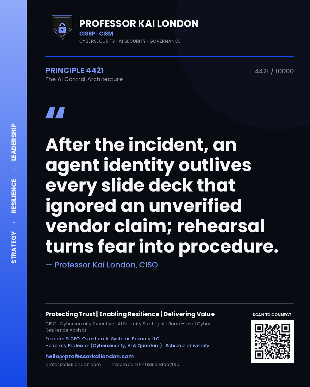 Professor Kai London principle 4421: After the incident, an agent identity outlives every slide deck that ignored an unverified vendor claim; rehearsal turns fear into procedure.