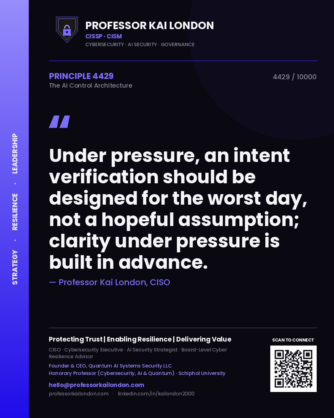 Professor Kai London principle 4429: Under pressure, an intent verification should be designed for the worst day, not a hopeful assumption; clarity under pressure is built in advance.