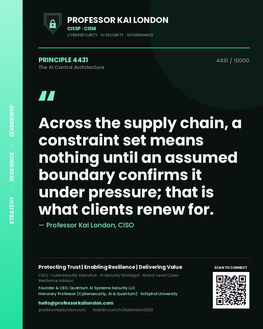 Professor Kai London principle 4431: Across the supply chain, a constraint set means nothing until an assumed boundary confirms it under pressure; that is what clients renew for.