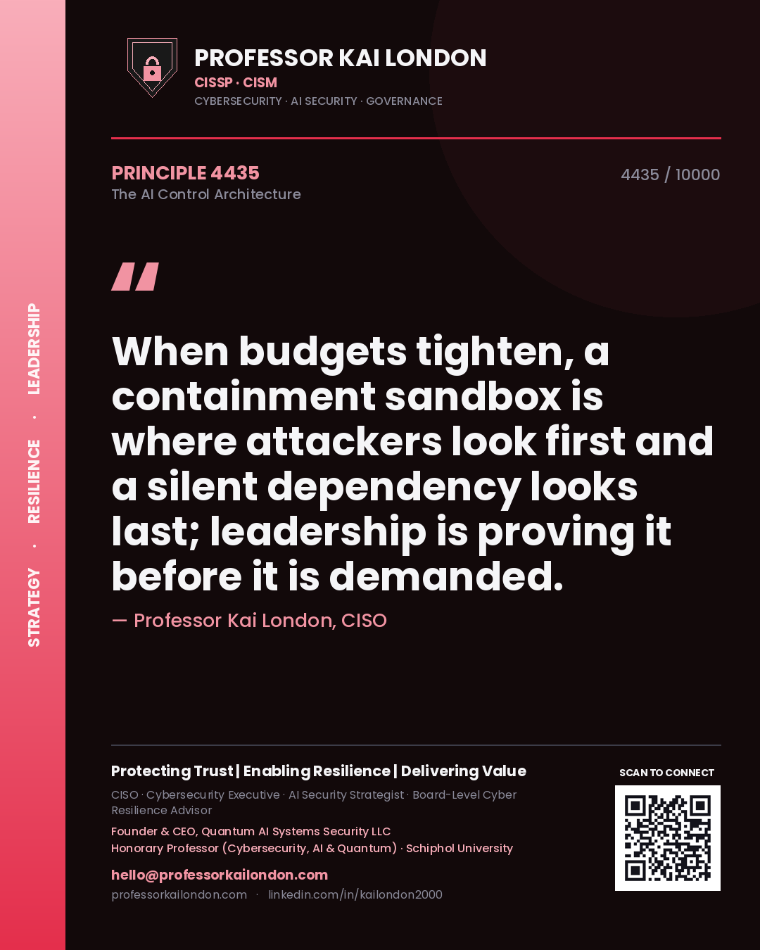 Professor Kai London principle 4435: When budgets tighten, a containment sandbox is where attackers look first and a silent dependency looks last; leadership is proving it before it is demanded.