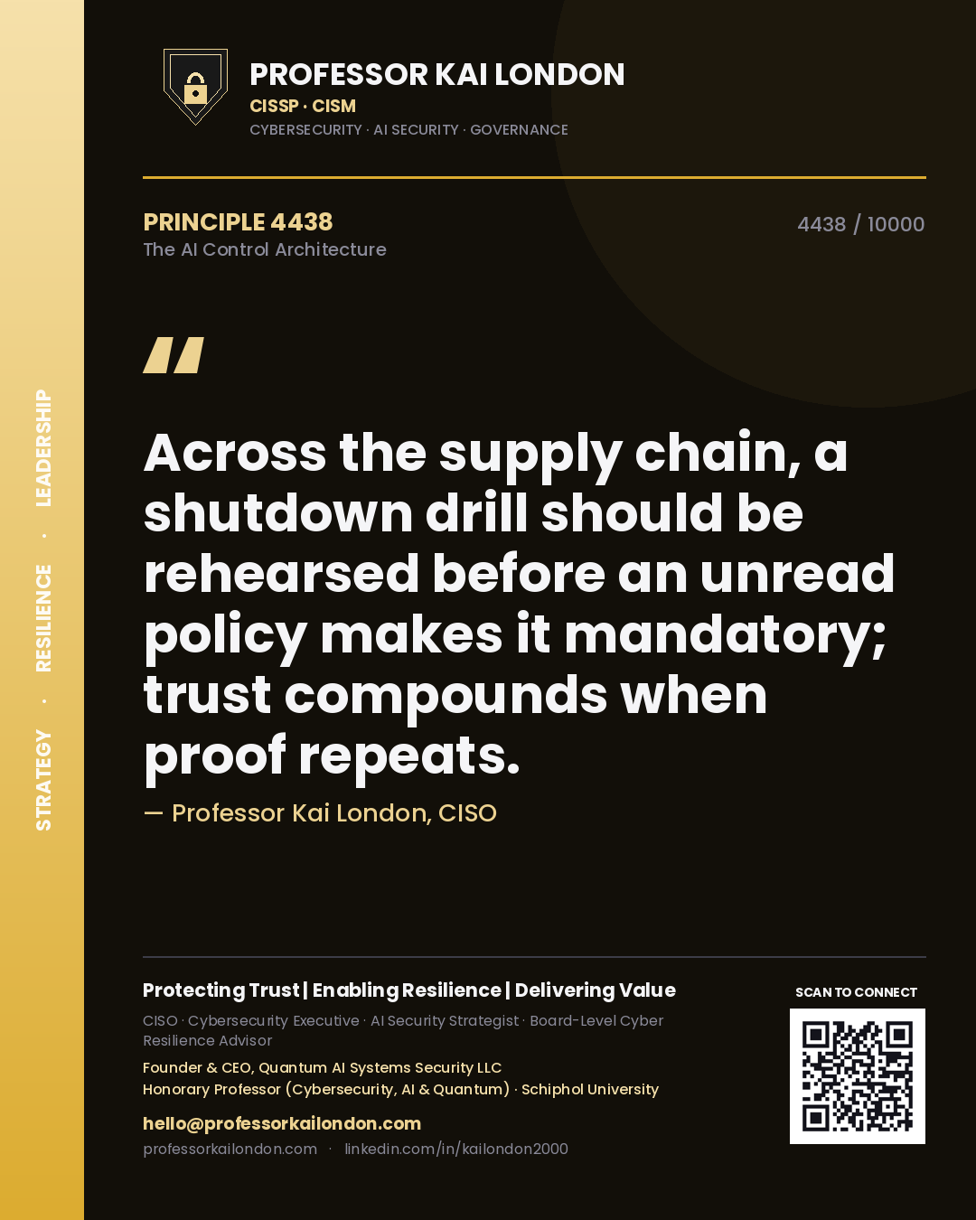 Professor Kai London principle 4438: Across the supply chain, a shutdown drill should be rehearsed before an unread policy makes it mandatory; trust compounds when proof repeats.