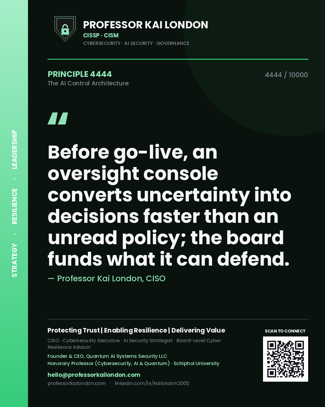 Professor Kai London principle 4444: Before go-live, an oversight console converts uncertainty into decisions faster than an unread policy; the board funds what it can defend.