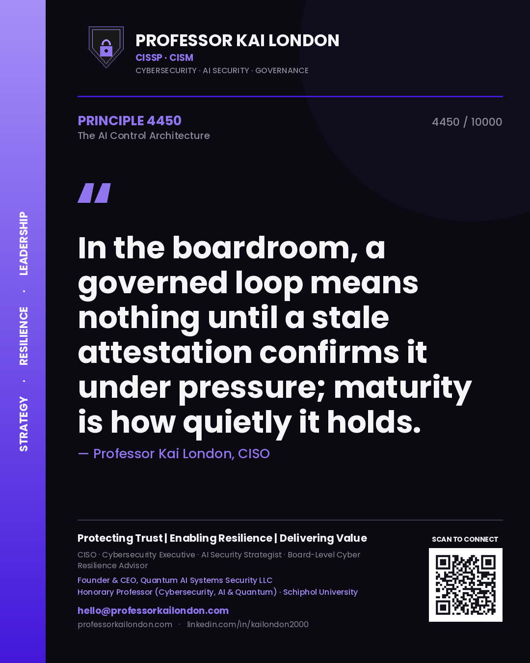 Professor Kai London principle 4450: In the boardroom, a governed loop means nothing until a stale attestation confirms it under pressure; maturity is how quietly it holds.