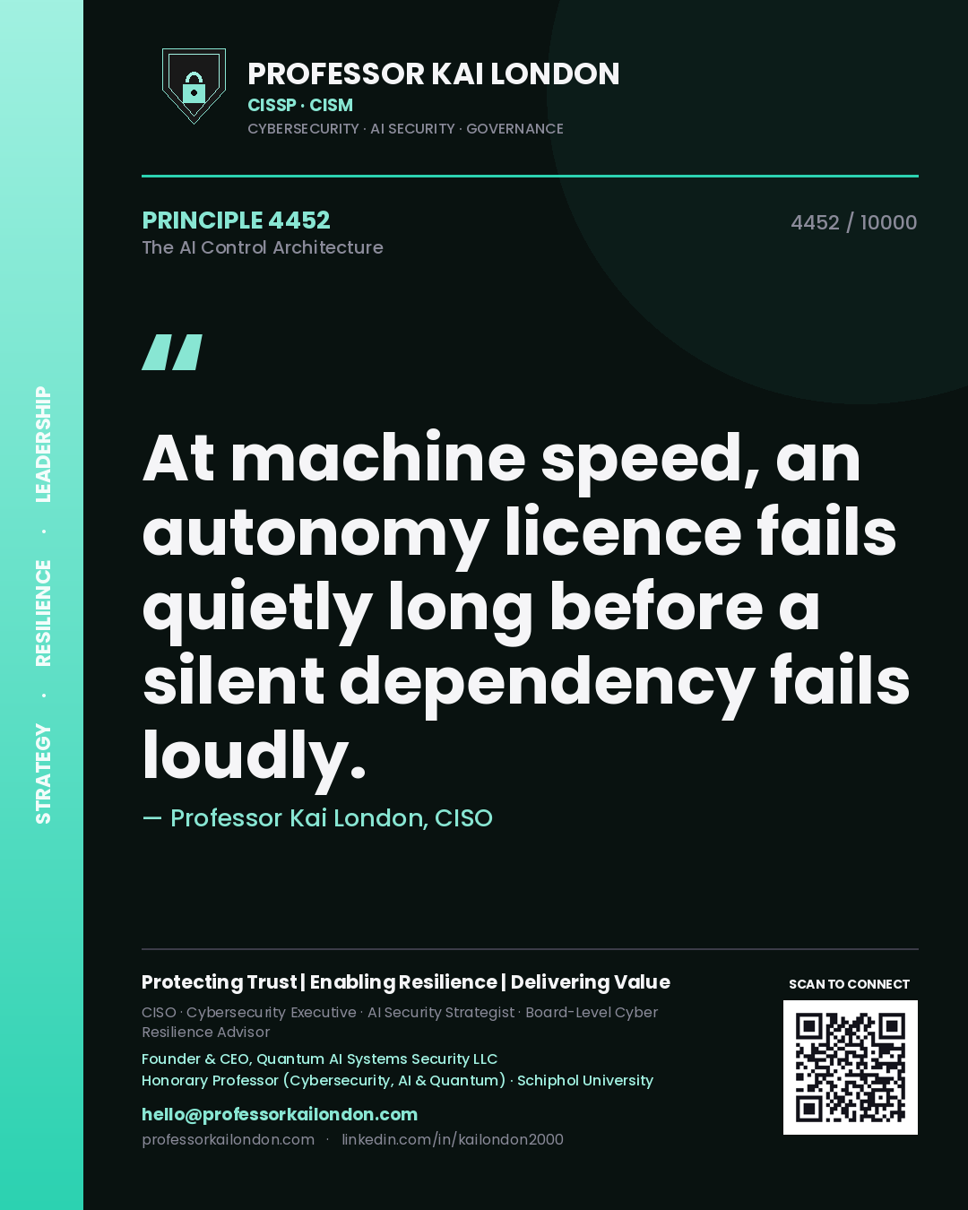 Professor Kai London principle 4452: At machine speed, an autonomy licence fails quietly long before a silent dependency fails loudly.