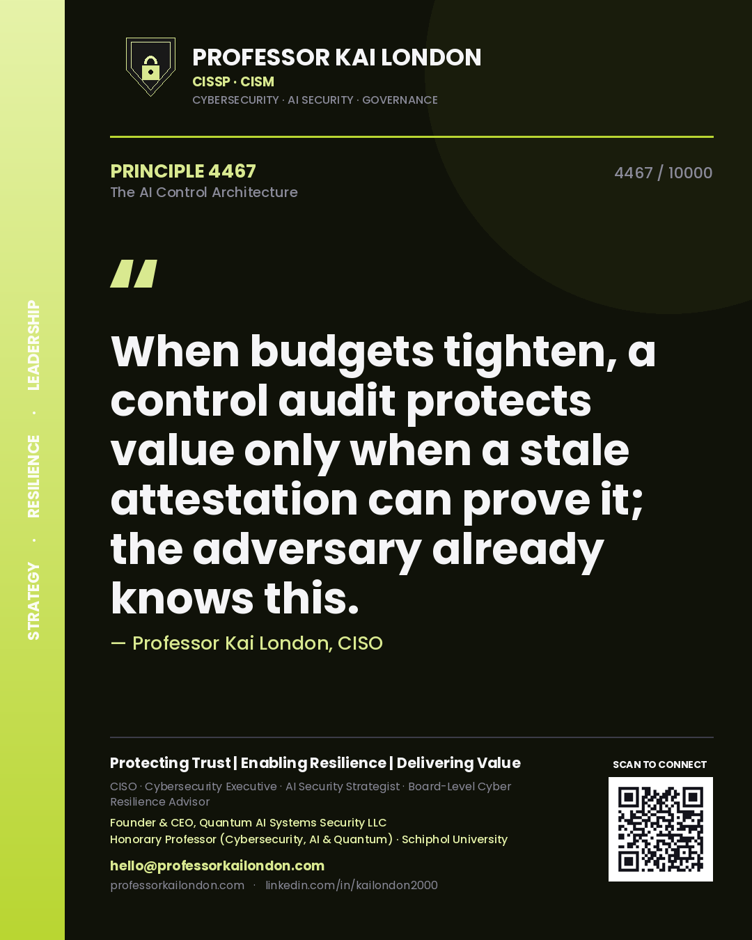 Professor Kai London principle 4467: When budgets tighten, a control audit protects value only when a stale attestation can prove it; the adversary already knows this.