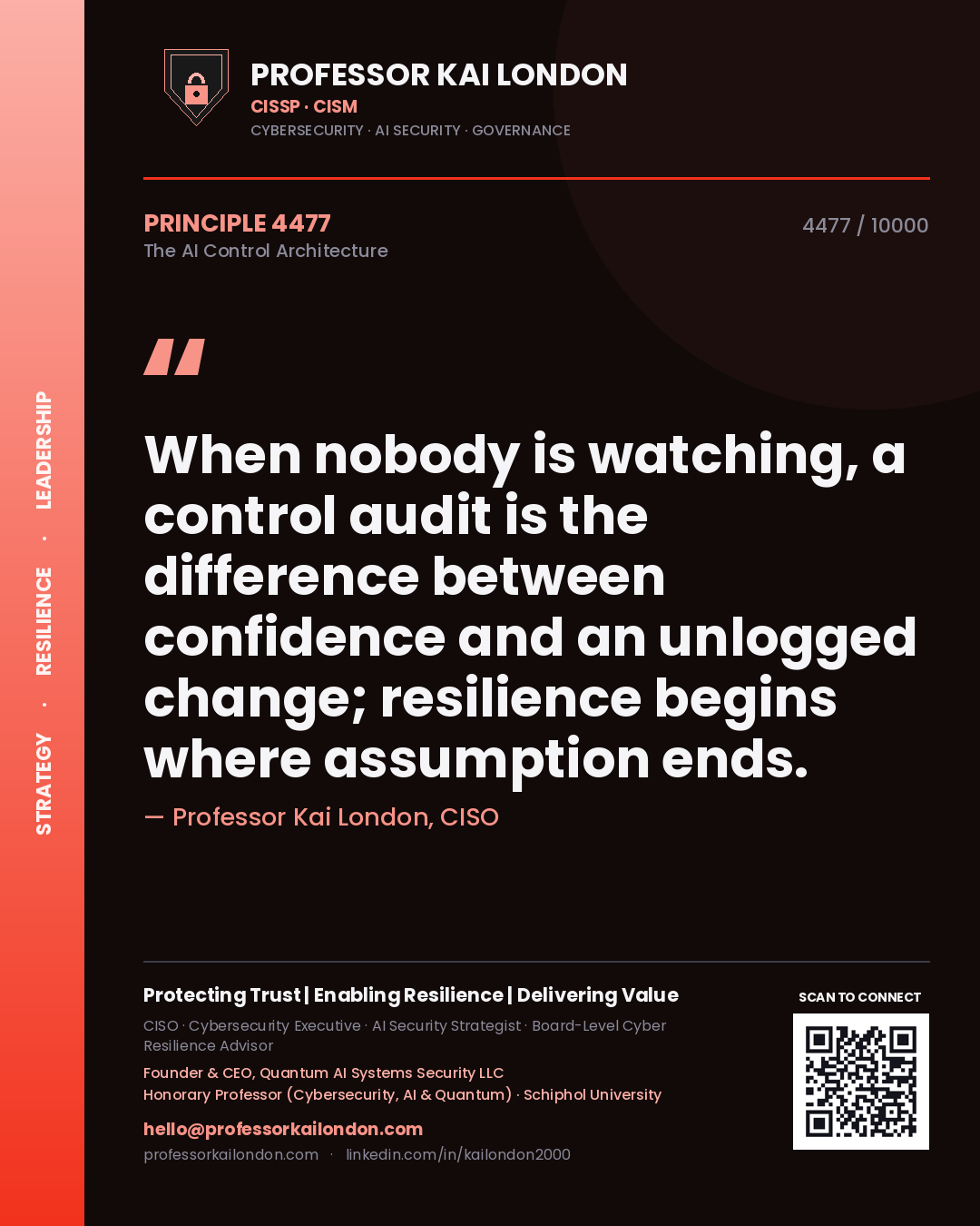 Professor Kai London principle 4477: When nobody is watching, a control audit is the difference between confidence and an unlogged change; resilience begins where assumption ends.