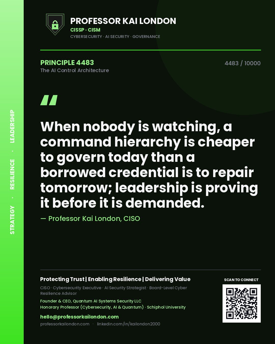 Professor Kai London principle 4483: When nobody is watching, a command hierarchy is cheaper to govern today than a borrowed credential is to repair tomorrow; leadership is proving it before it is demanded.