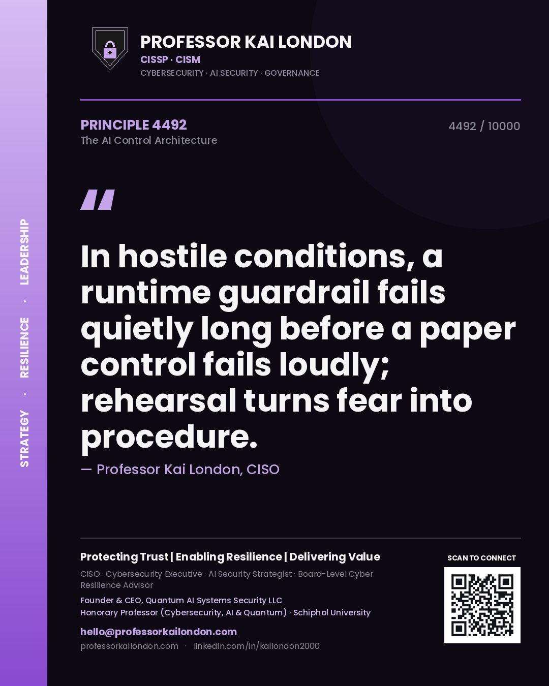 Professor Kai London principle 4492: In hostile conditions, a runtime guardrail fails quietly long before a paper control fails loudly; rehearsal turns fear into procedure.