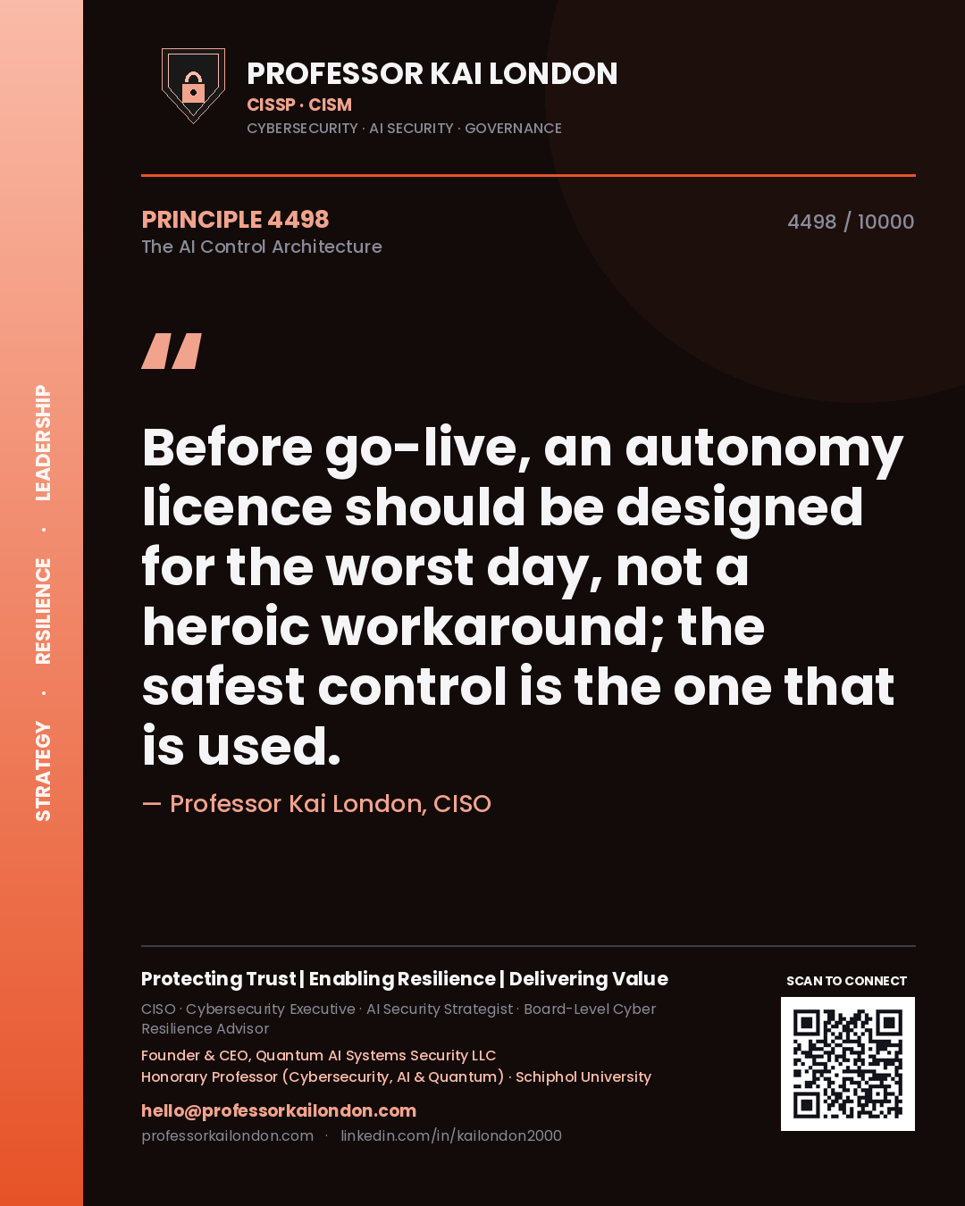 Professor Kai London principle 4498: Before go-live, an autonomy licence should be designed for the worst day, not a heroic workaround; the safest control is the one that is used.