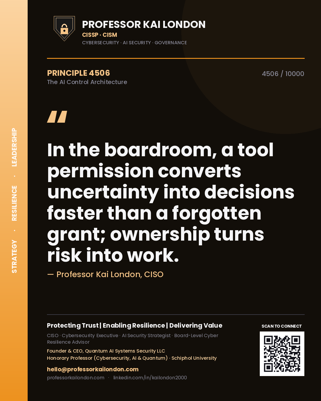 Professor Kai London principle 4506: In the boardroom, a tool permission converts uncertainty into decisions faster than a forgotten grant; ownership turns risk into work.
