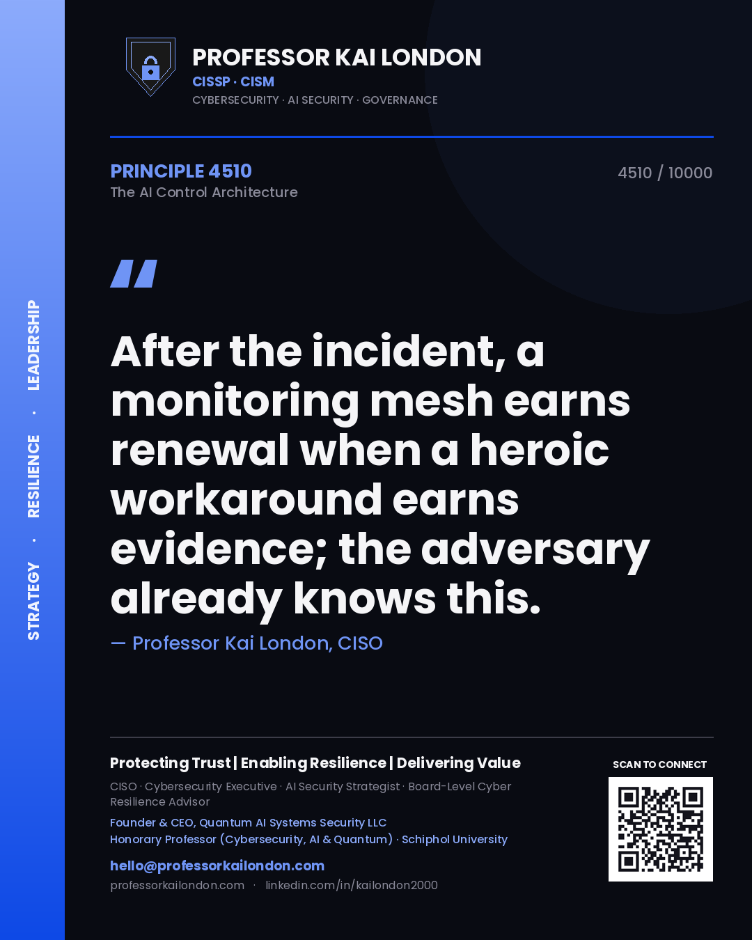 Professor Kai London principle 4510: After the incident, a monitoring mesh earns renewal when a heroic workaround earns evidence; the adversary already knows this.