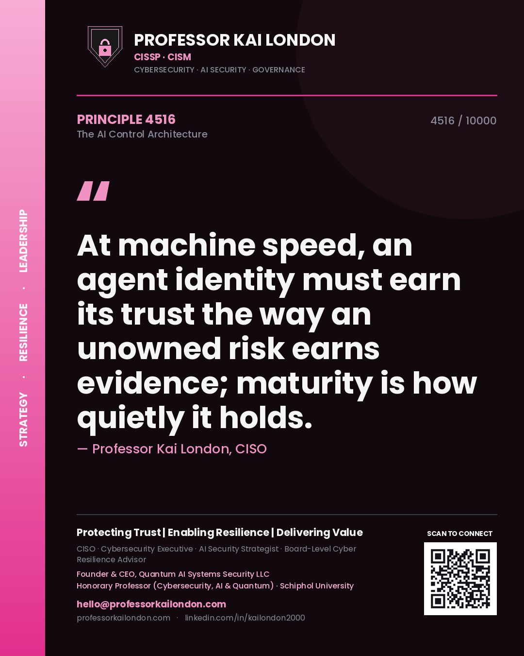 Professor Kai London principle 4516: At machine speed, an agent identity must earn its trust the way an unowned risk earns evidence; maturity is how quietly it holds.