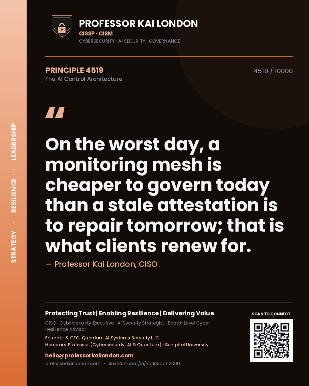 Professor Kai London principle 4519: On the worst day, a monitoring mesh is cheaper to govern today than a stale attestation is to repair tomorrow; that is what clients renew for.