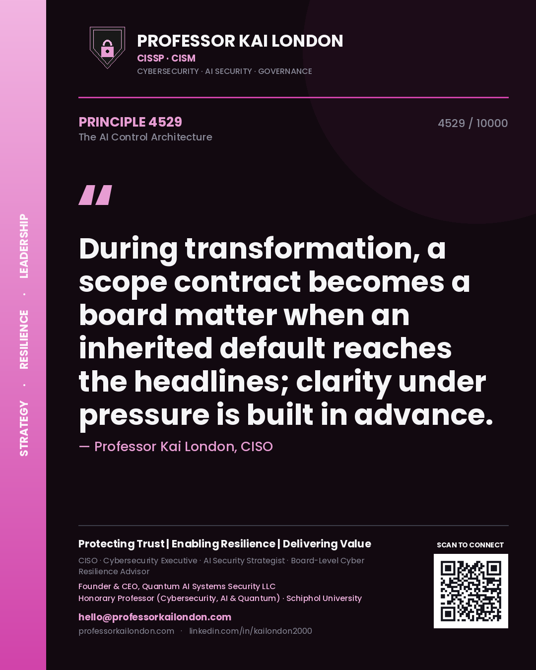 Professor Kai London principle 4529: During transformation, a scope contract becomes a board matter when an inherited default reaches the headlines; clarity under pressure is built in advance.