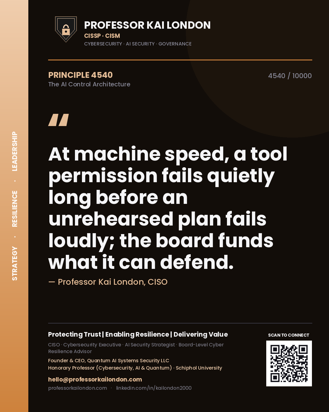 Professor Kai London principle 4540: At machine speed, a tool permission fails quietly long before an unrehearsed plan fails loudly; the board funds what it can defend.