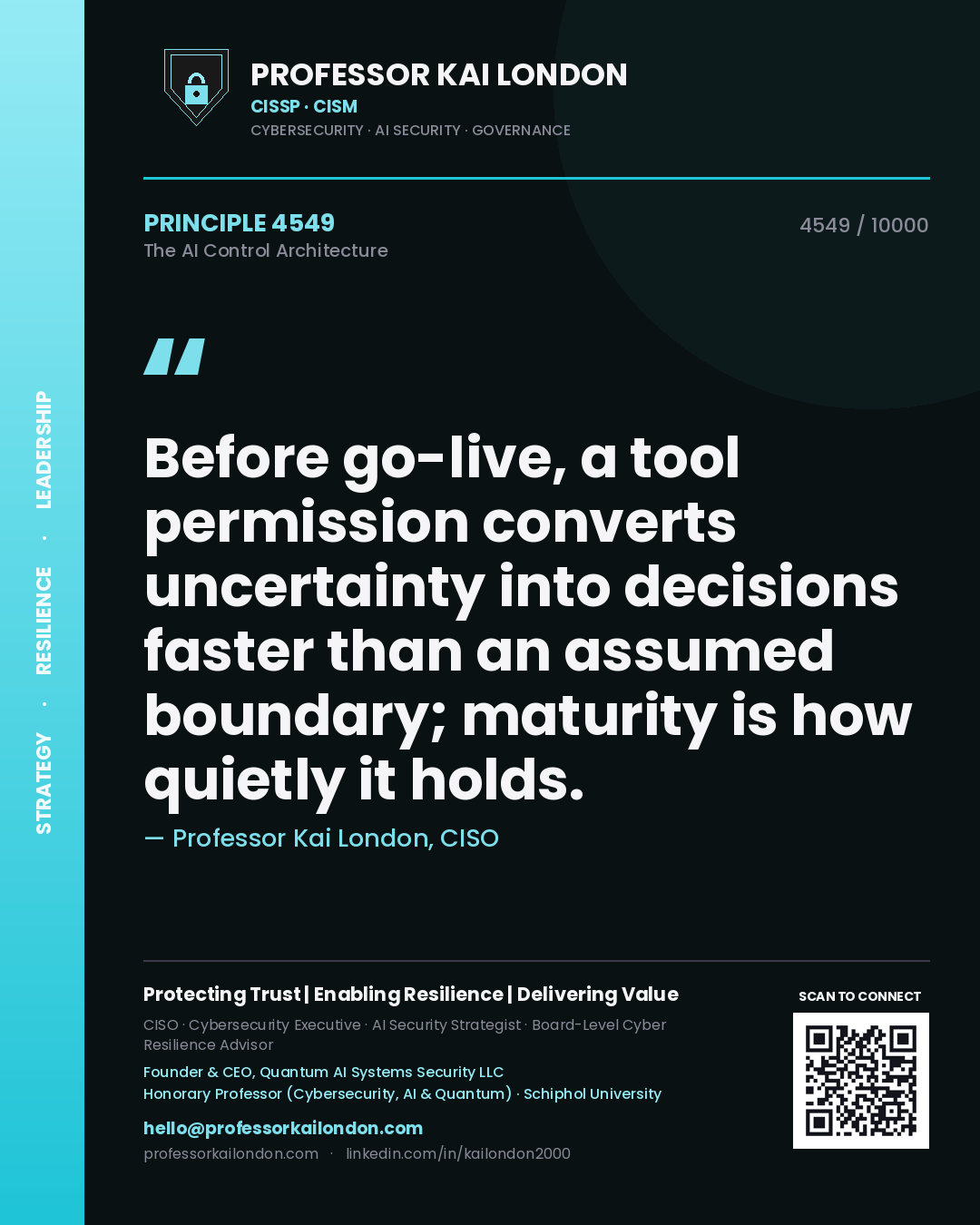 Professor Kai London principle 4549: Before go-live, a tool permission converts uncertainty into decisions faster than an assumed boundary; maturity is how quietly it holds.