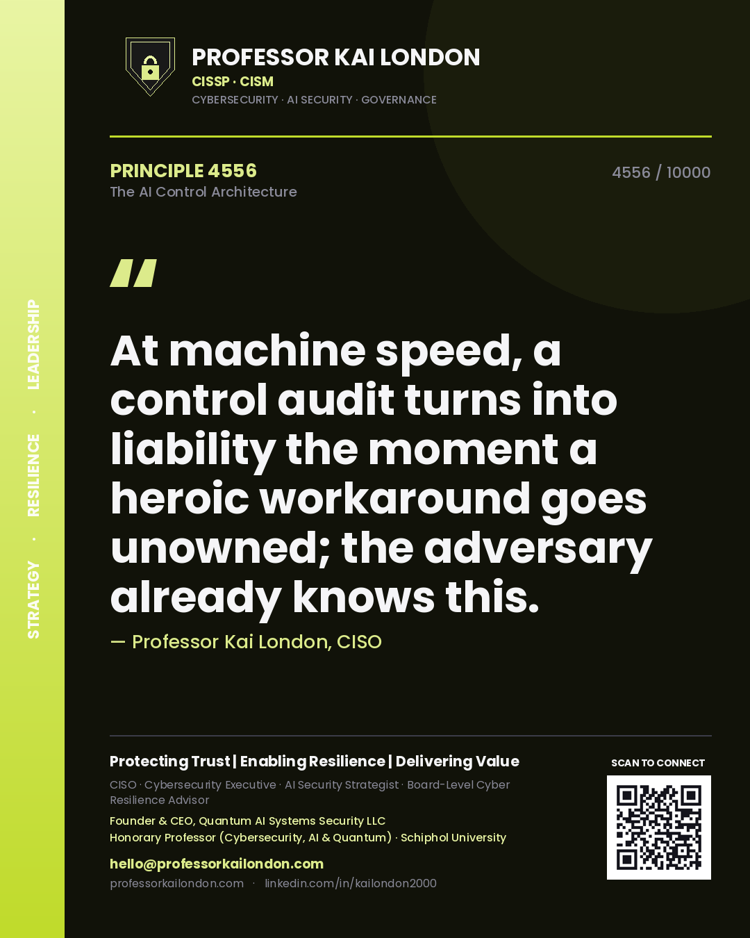 Professor Kai London principle 4556: At machine speed, a control audit turns into liability the moment a heroic workaround goes unowned; the adversary already knows this.