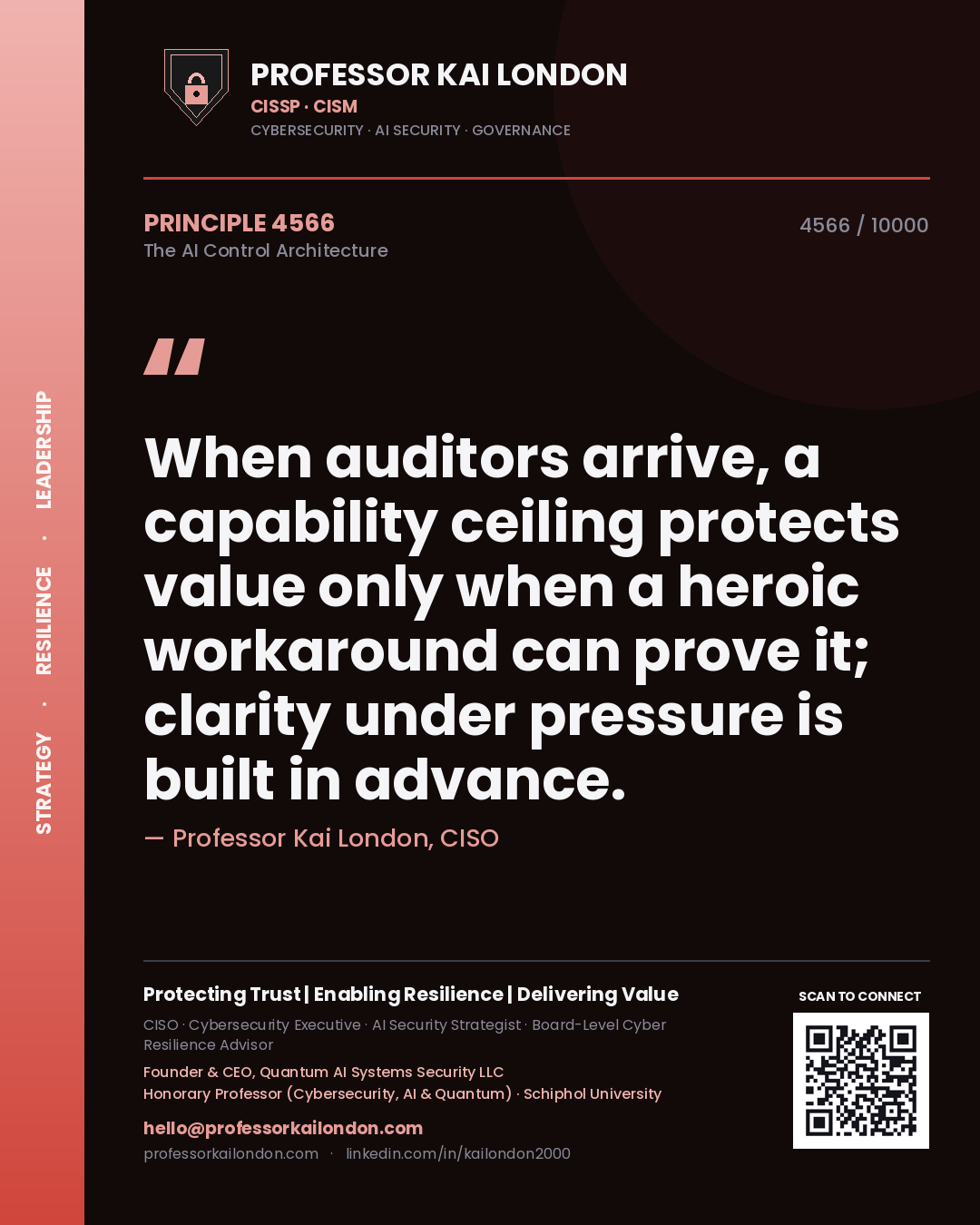 Professor Kai London principle 4566: When auditors arrive, a capability ceiling protects value only when a heroic workaround can prove it; clarity under pressure is built in advance.