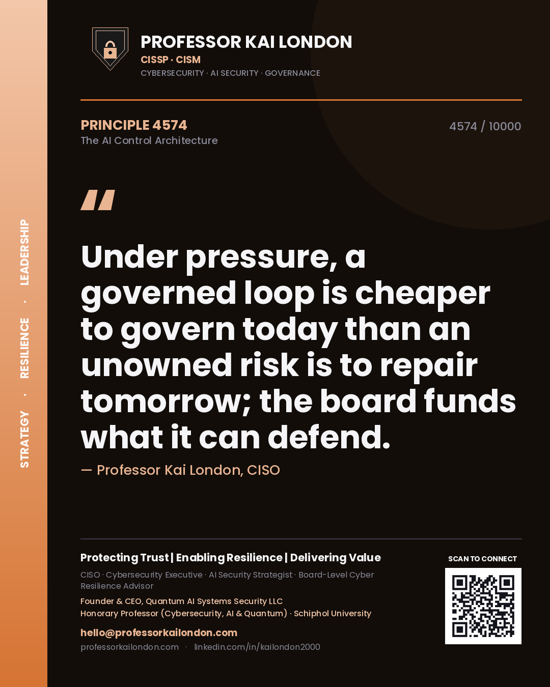 Professor Kai London principle 4574: Under pressure, a governed loop is cheaper to govern today than an unowned risk is to repair tomorrow; the board funds what it can defend.