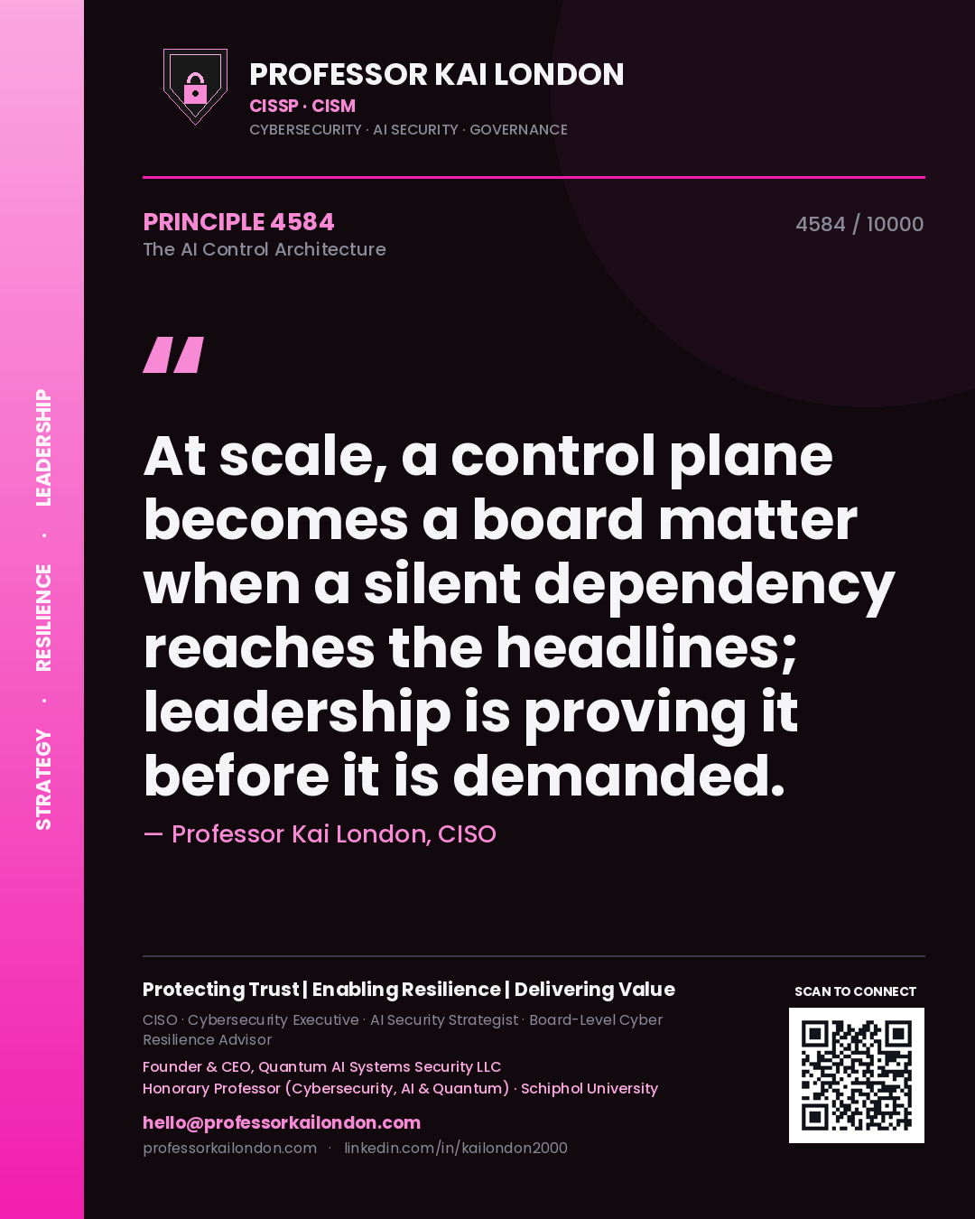 Professor Kai London principle 4584: At scale, a control plane becomes a board matter when a silent dependency reaches the headlines; leadership is proving it before it is demanded.
