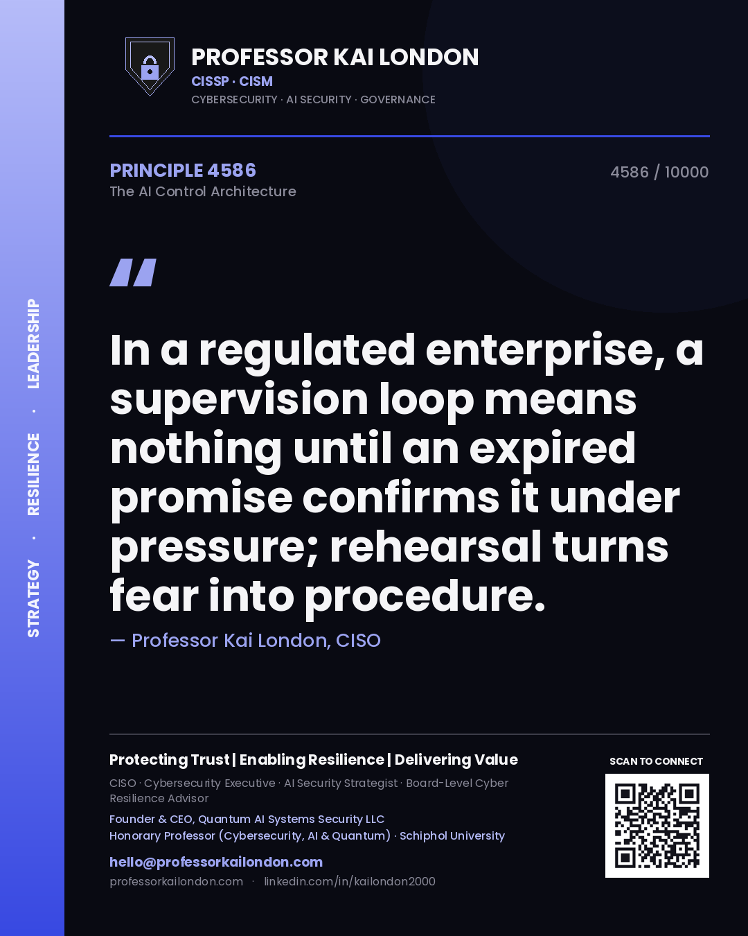Professor Kai London principle 4586: In a regulated enterprise, a supervision loop means nothing until an expired promise confirms it under pressure; rehearsal turns fear into procedure.
