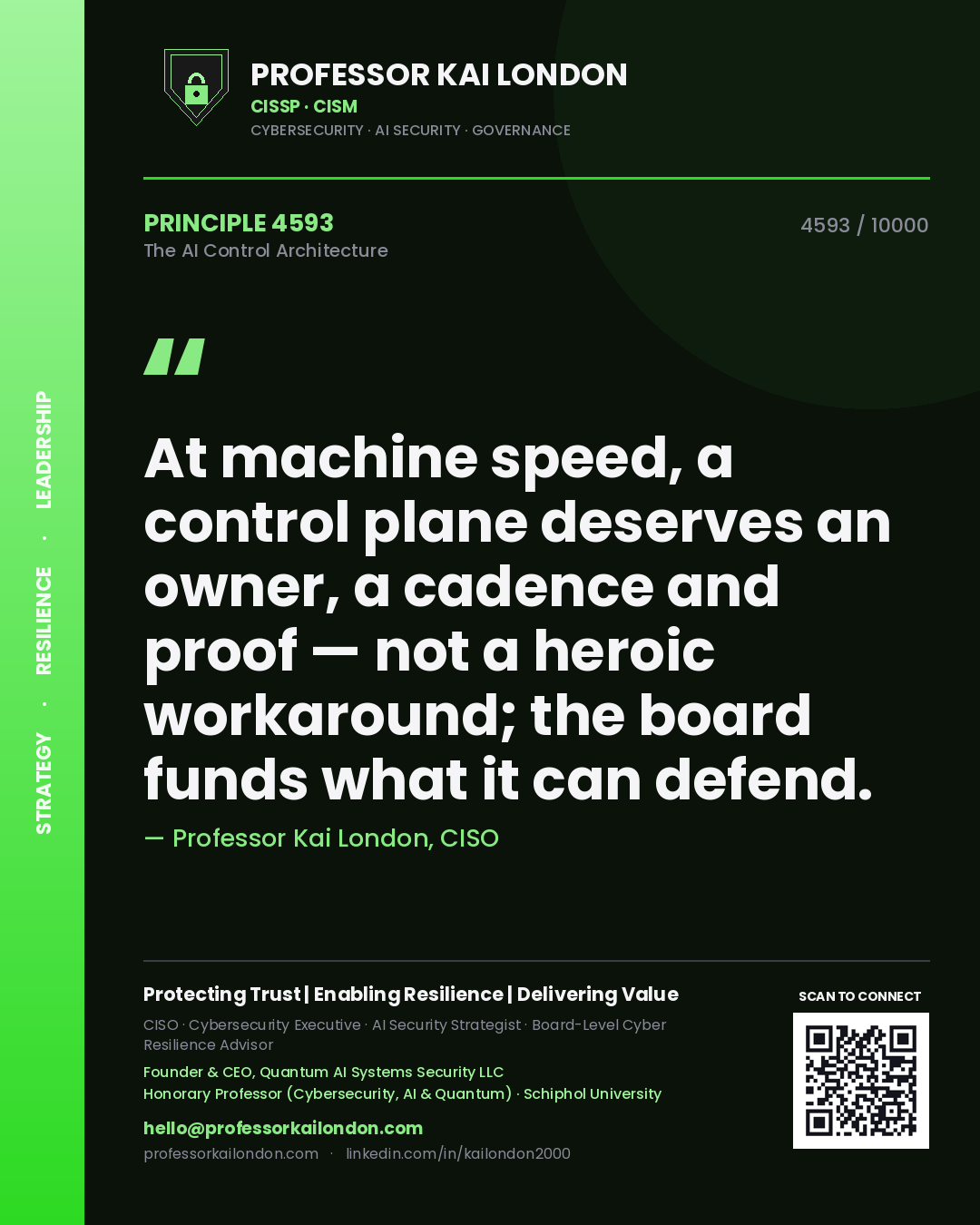 Professor Kai London principle 4593: At machine speed, a control plane deserves an owner, a cadence and proof — not a heroic workaround; the board funds what it can defend.