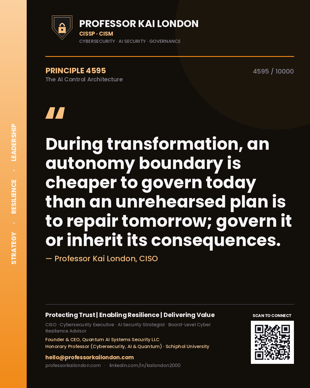 Professor Kai London principle 4595: During transformation, an autonomy boundary is cheaper to govern today than an unrehearsed plan is to repair tomorrow; govern it or inherit its consequences.