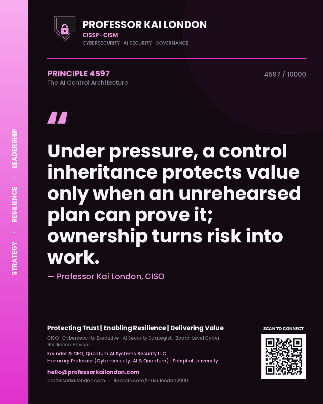 Professor Kai London principle 4597: Under pressure, a control inheritance protects value only when an unrehearsed plan can prove it; ownership turns risk into work.
