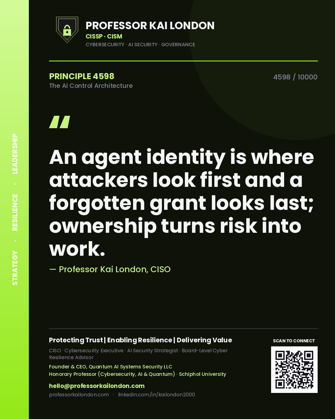 Professor Kai London principle 4598: An agent identity is where attackers look first and a forgotten grant looks last; ownership turns risk into work.