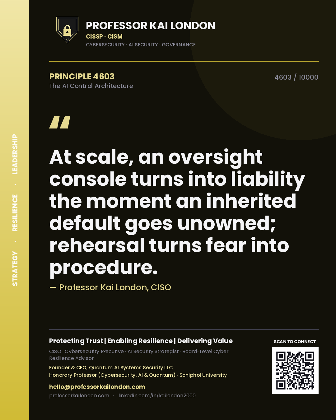 Professor Kai London principle 4603: At scale, an oversight console turns into liability the moment an inherited default goes unowned; rehearsal turns fear into procedure.