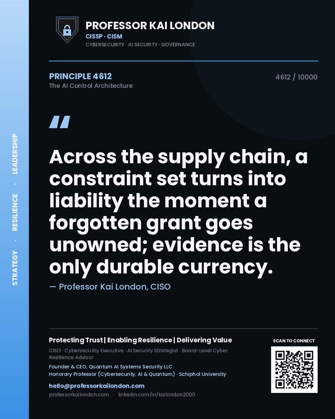 Professor Kai London principle 4612: Across the supply chain, a constraint set turns into liability the moment a forgotten grant goes unowned; evidence is the only durable currency.