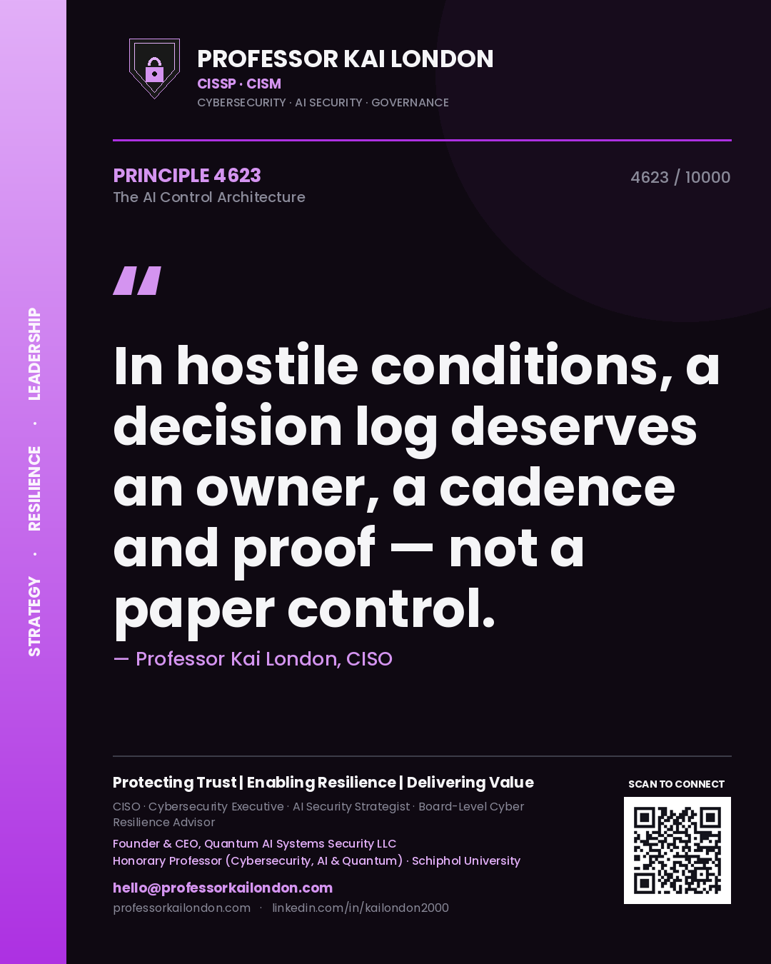 Professor Kai London principle 4623: In hostile conditions, a decision log deserves an owner, a cadence and proof — not a paper control.