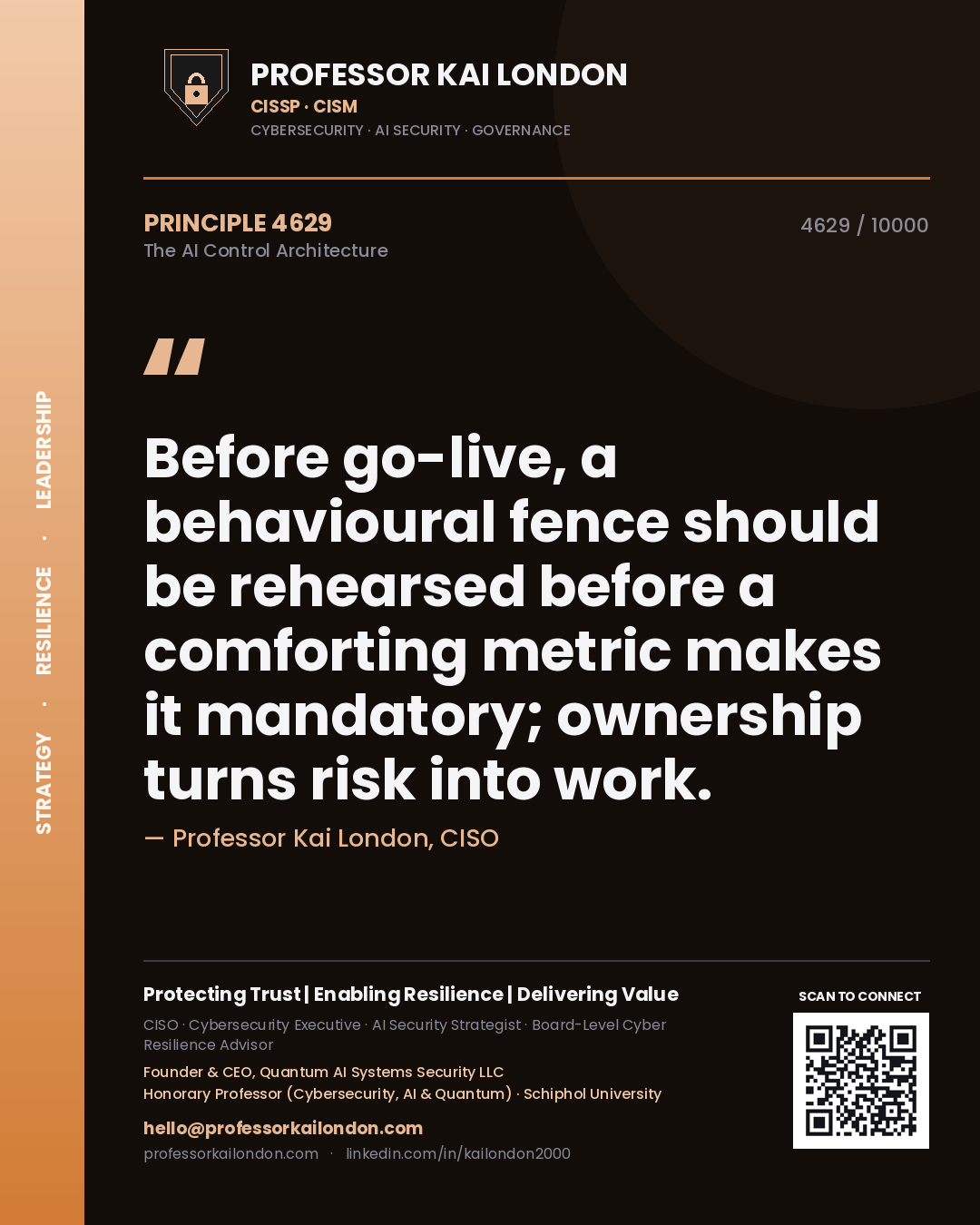 Professor Kai London principle 4629: Before go-live, a behavioural fence should be rehearsed before a comforting metric makes it mandatory; ownership turns risk into work.