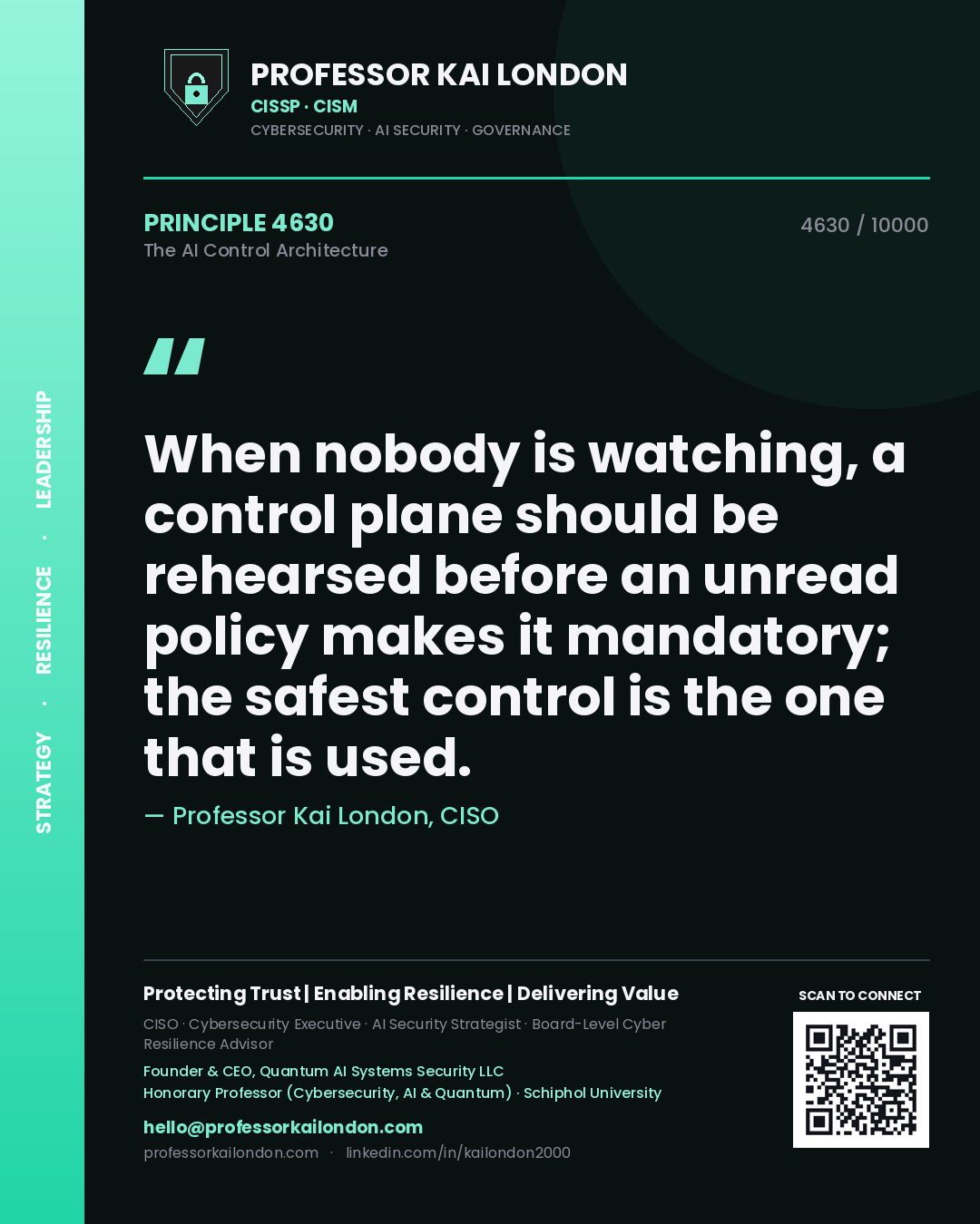 Professor Kai London principle 4630: When nobody is watching, a control plane should be rehearsed before an unread policy makes it mandatory; the safest control is the one that is used.