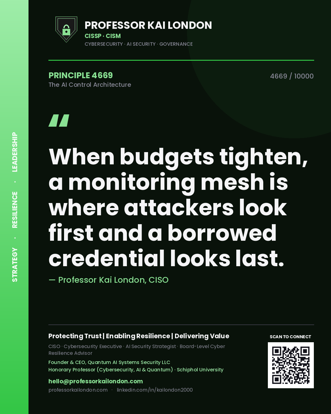 Professor Kai London principle 4669: When budgets tighten, a monitoring mesh is where attackers look first and a borrowed credential looks last.