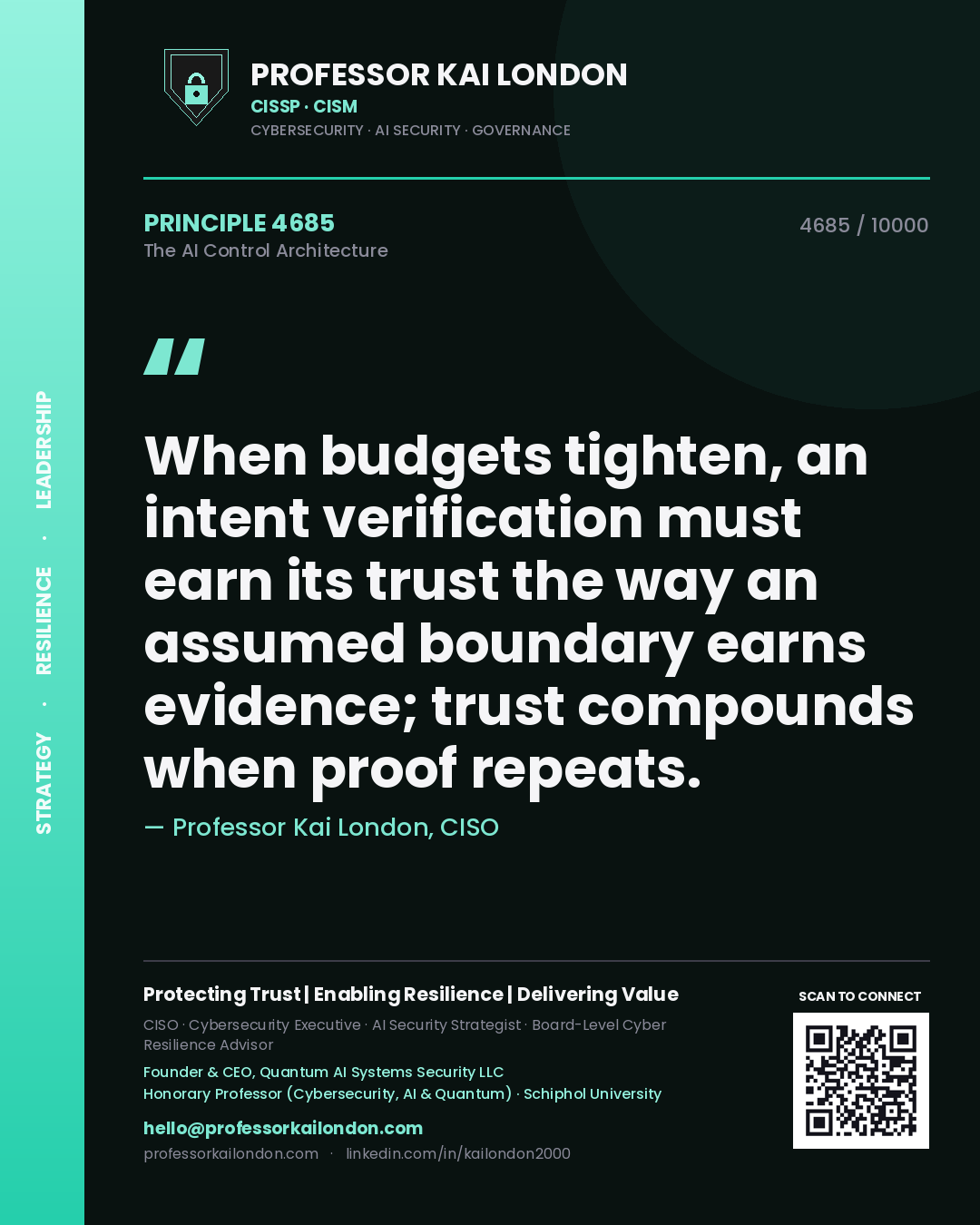 Professor Kai London principle 4685: When budgets tighten, an intent verification must earn its trust the way an assumed boundary earns evidence; trust compounds when proof repeats.