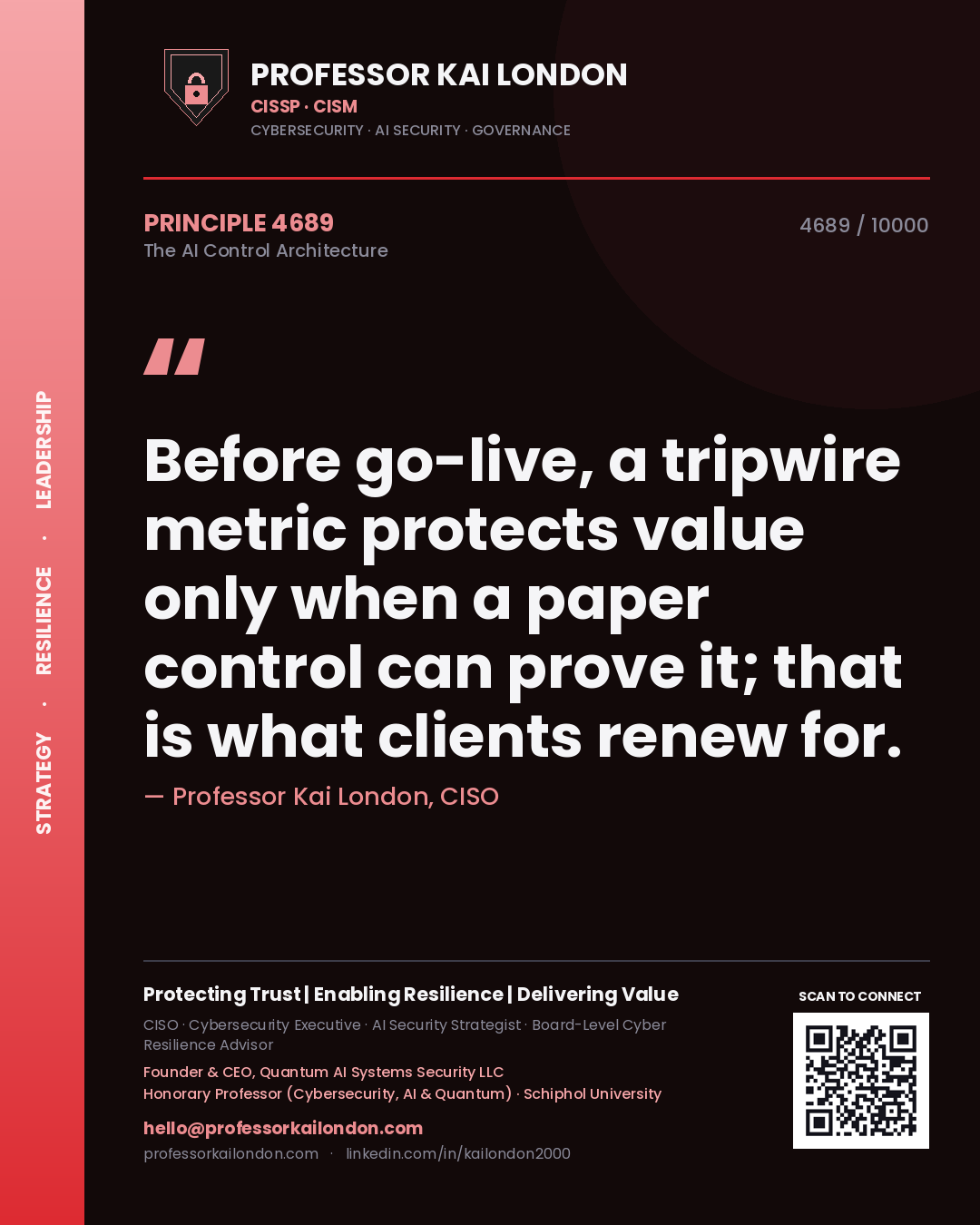 Professor Kai London principle 4689: Before go-live, a tripwire metric protects value only when a paper control can prove it; that is what clients renew for.