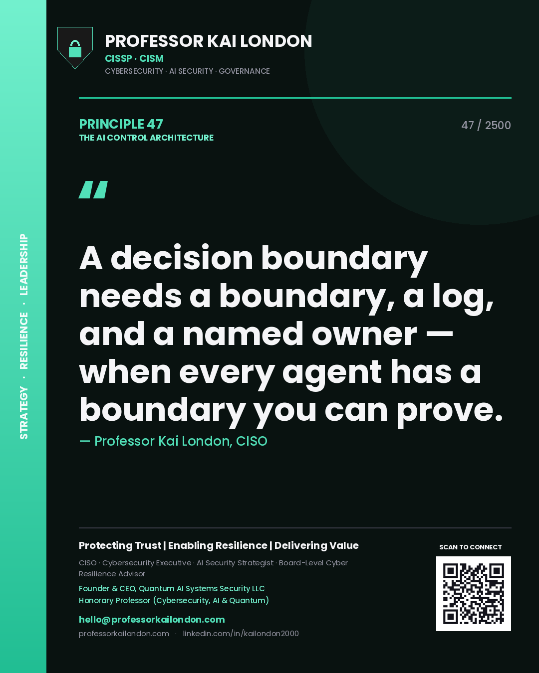 Professor Kai London principle 47: A decision boundary needs a boundary, a log, and a named owner — when every agent has a boundary you can prove.