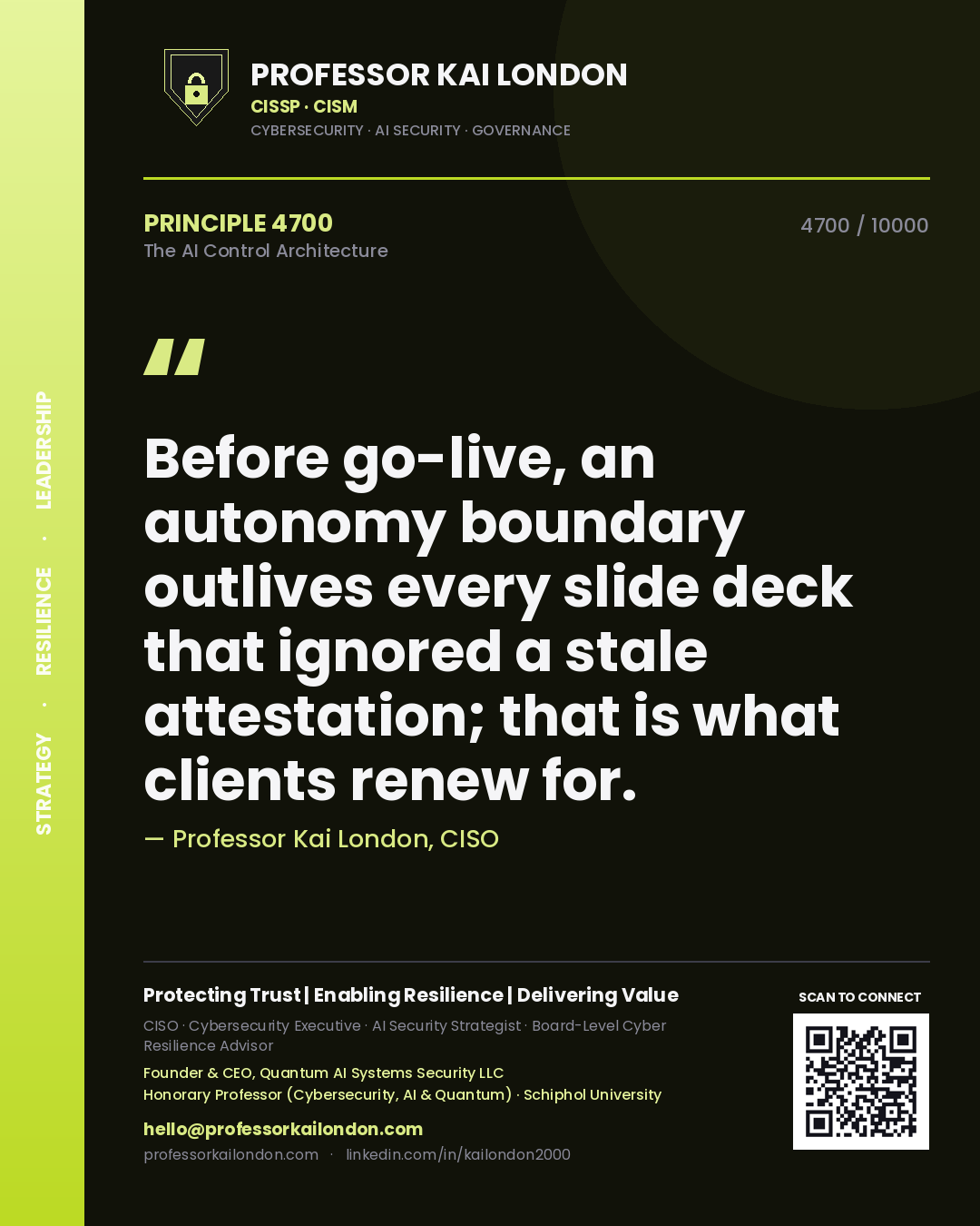 Professor Kai London principle 4700: Before go-live, an autonomy boundary outlives every slide deck that ignored a stale attestation; that is what clients renew for.